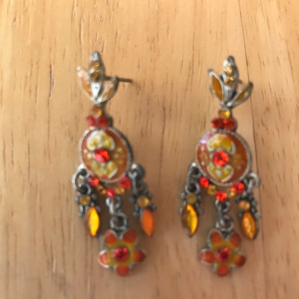 Chandelier Earrings Orange Crystals Floral Retro